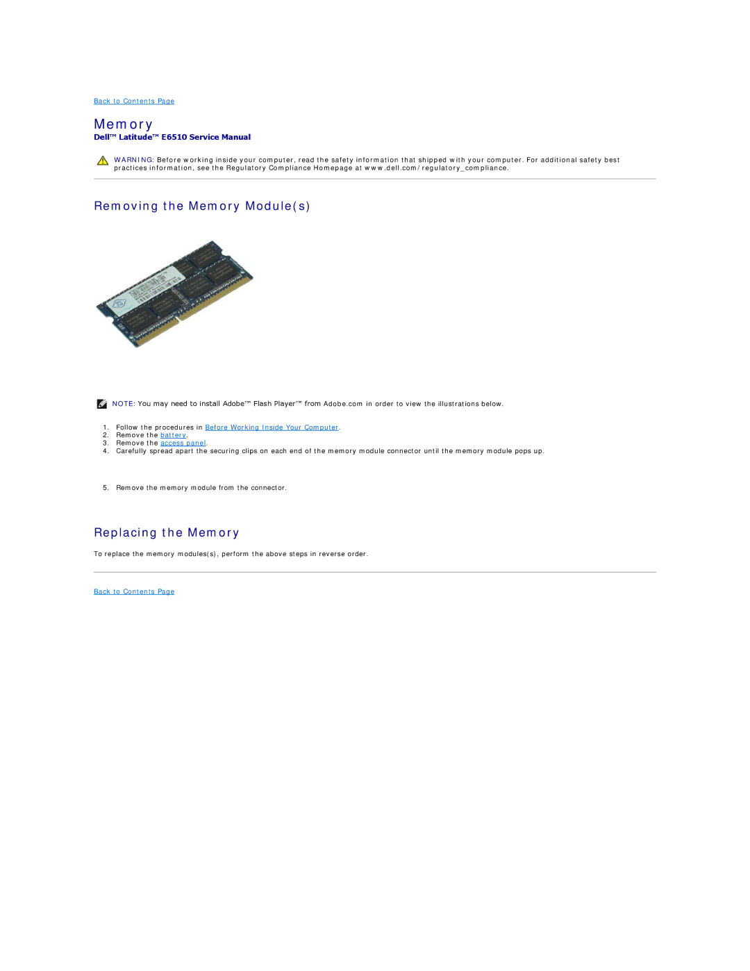 Dell E6510 specifications Removing the Memory Modules, Replacing the Memory 