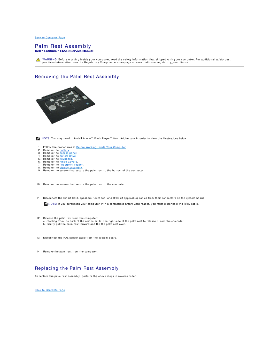 Dell E6510 specifications Removing the Palm Rest Assembly, Replacing the Palm Rest Assembly 