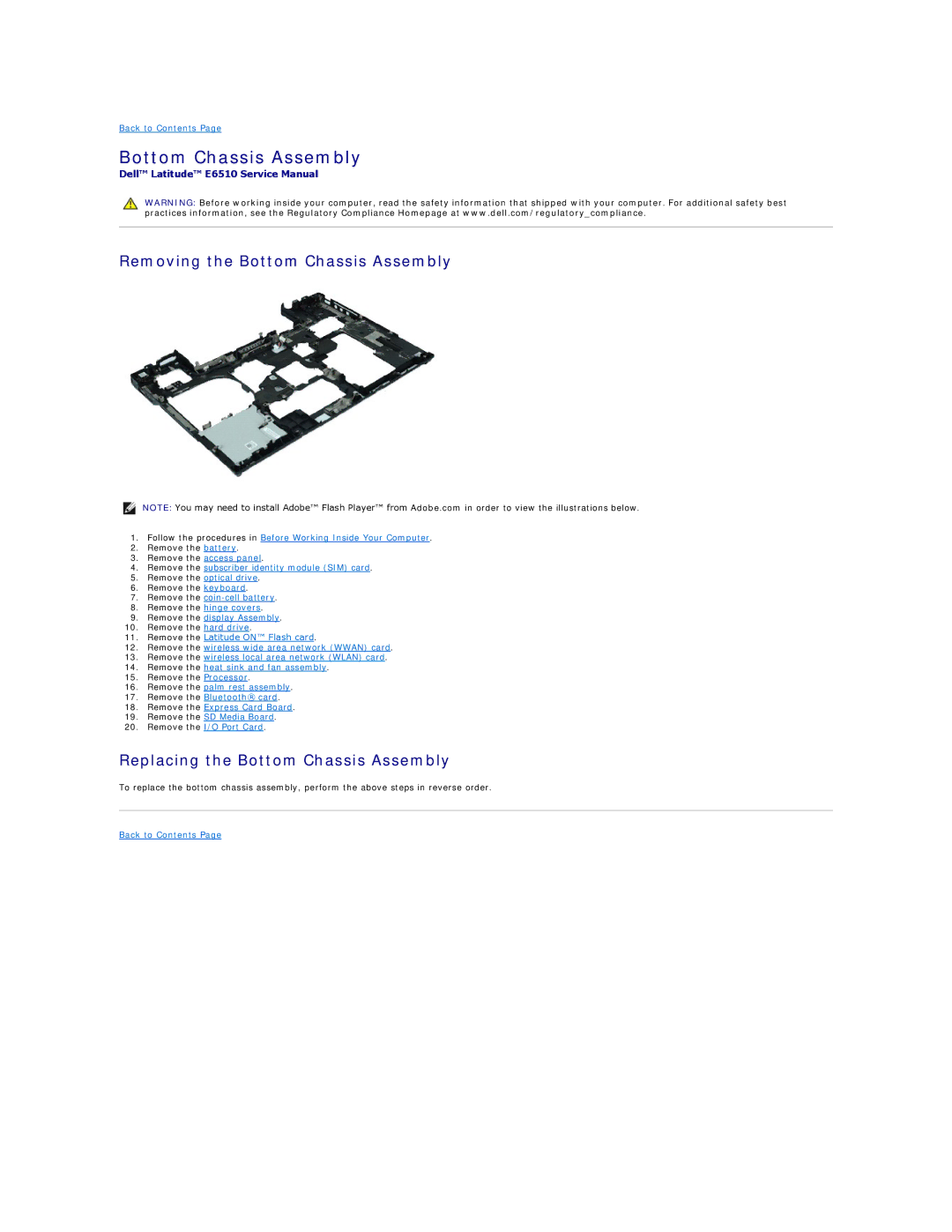 Dell E6510 specifications Removing the Bottom Chassis Assembly, Replacing the Bottom Chassis Assembly 