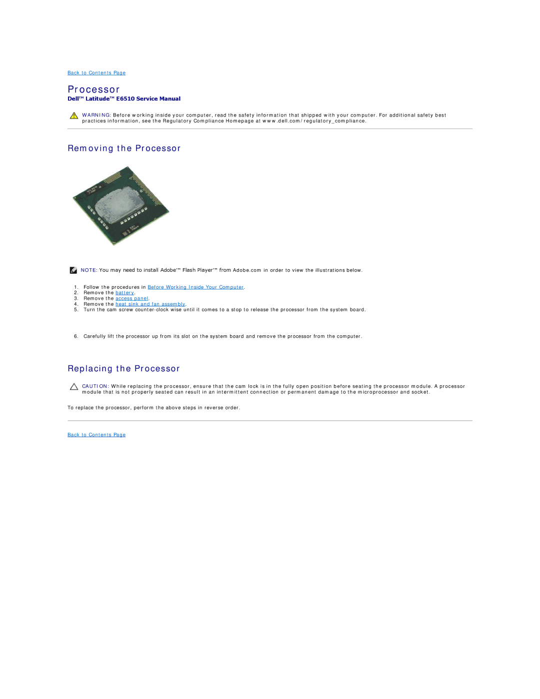 Dell E6510 specifications Removing the Processor, Replacing the Processor 