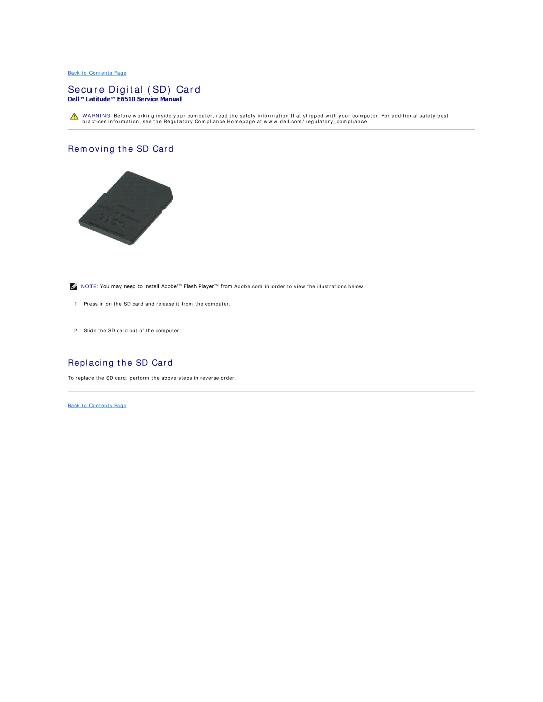 Dell E6510 specifications Secure Digital SD Card, Removing the SD Card, Replacing the SD Card 