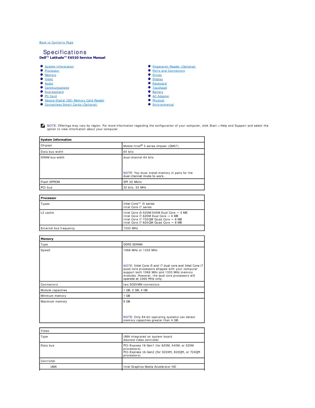 Dell E6510 specifications Specifications, Processor, Memory, Video 