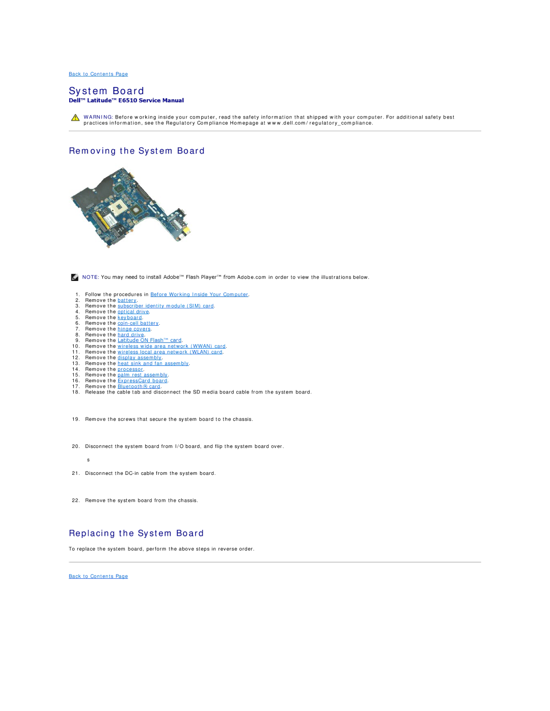 Dell E6510 specifications Removing the System Board, Replacing the System Board 