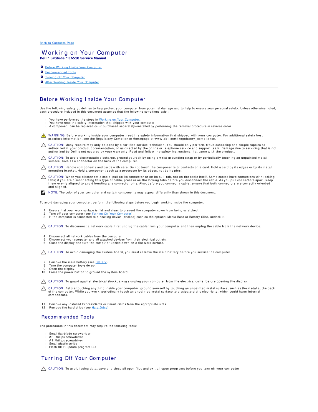 Dell E6510 specifications Working on Your Computer, Before Working Inside Your Computer, Turning Off Your Computer 