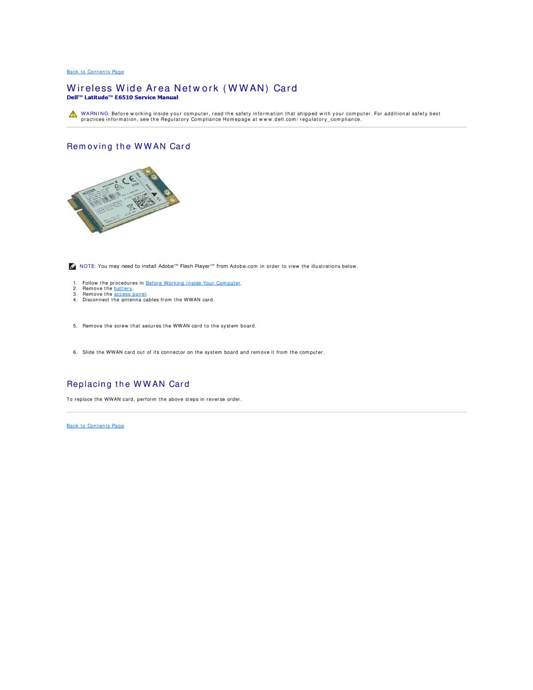 Dell E6510 specifications Wireless Wide Area Network Wwan Card, Removing the Wwan Card, Replacing the Wwan Card 