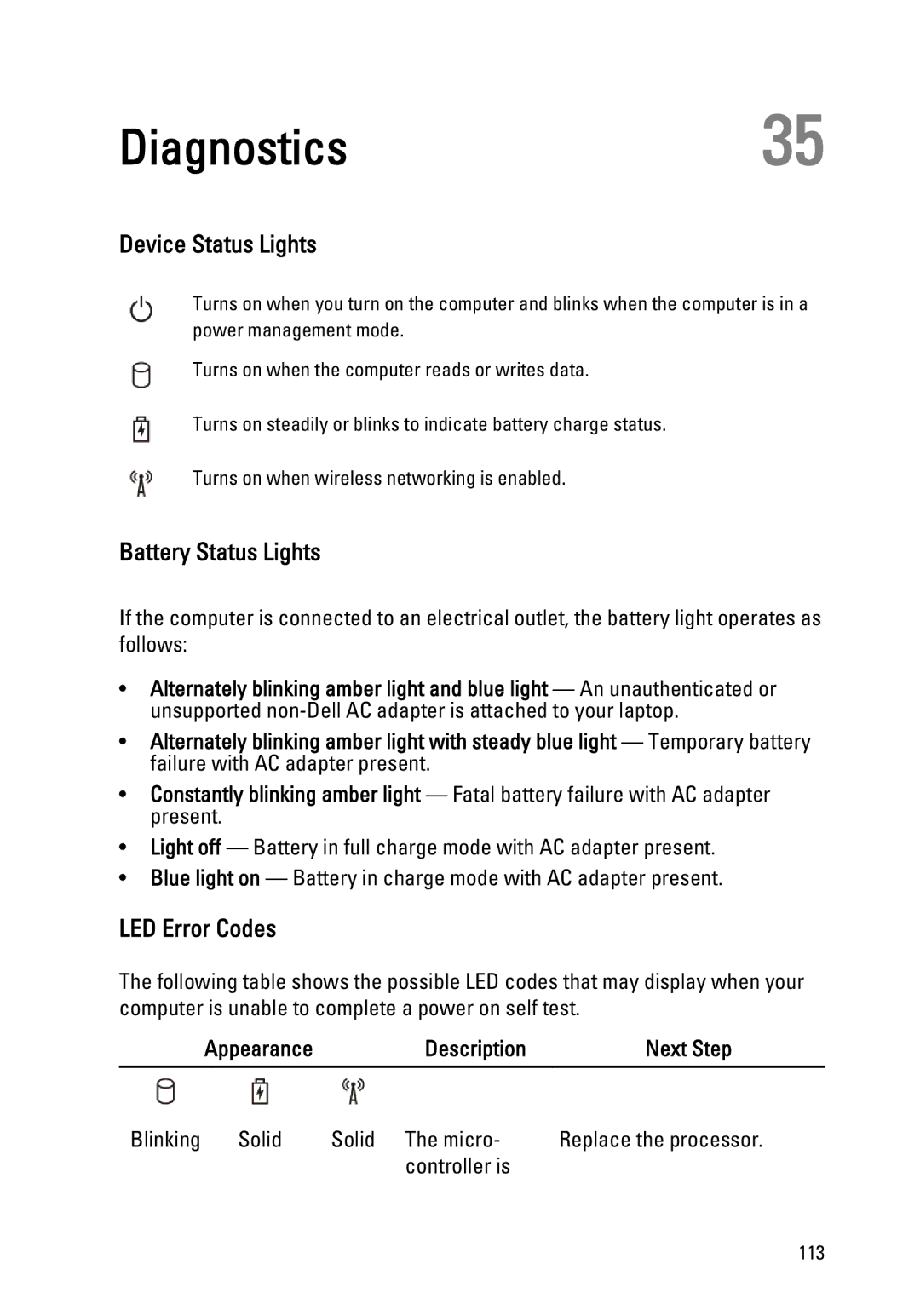 Dell E6520 Diagnostics35, Device Status Lights, Battery Status Lights, LED Error Codes, Appearance Description Next Step 