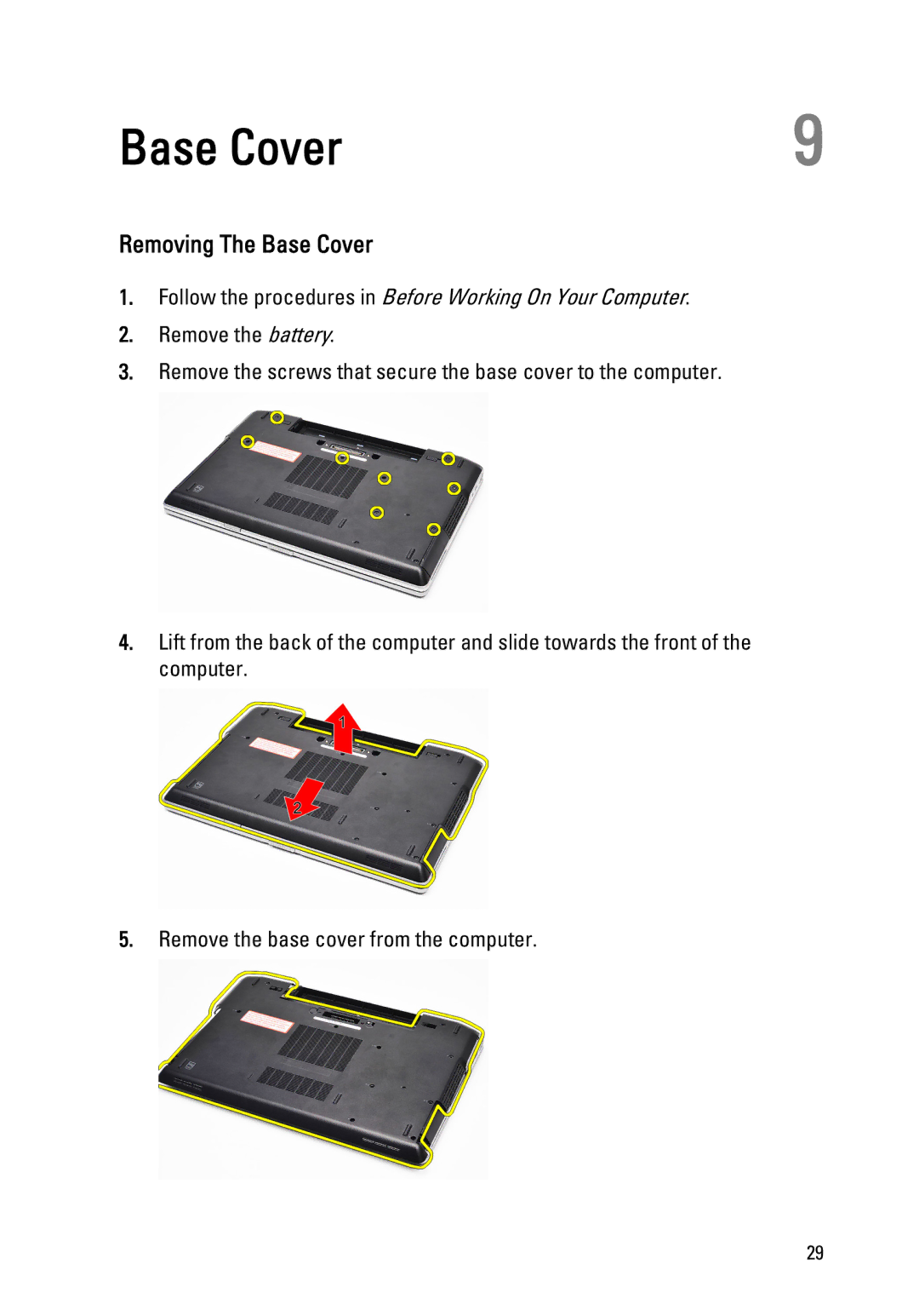 Dell E6520 owner manual Removing The Base Cover 