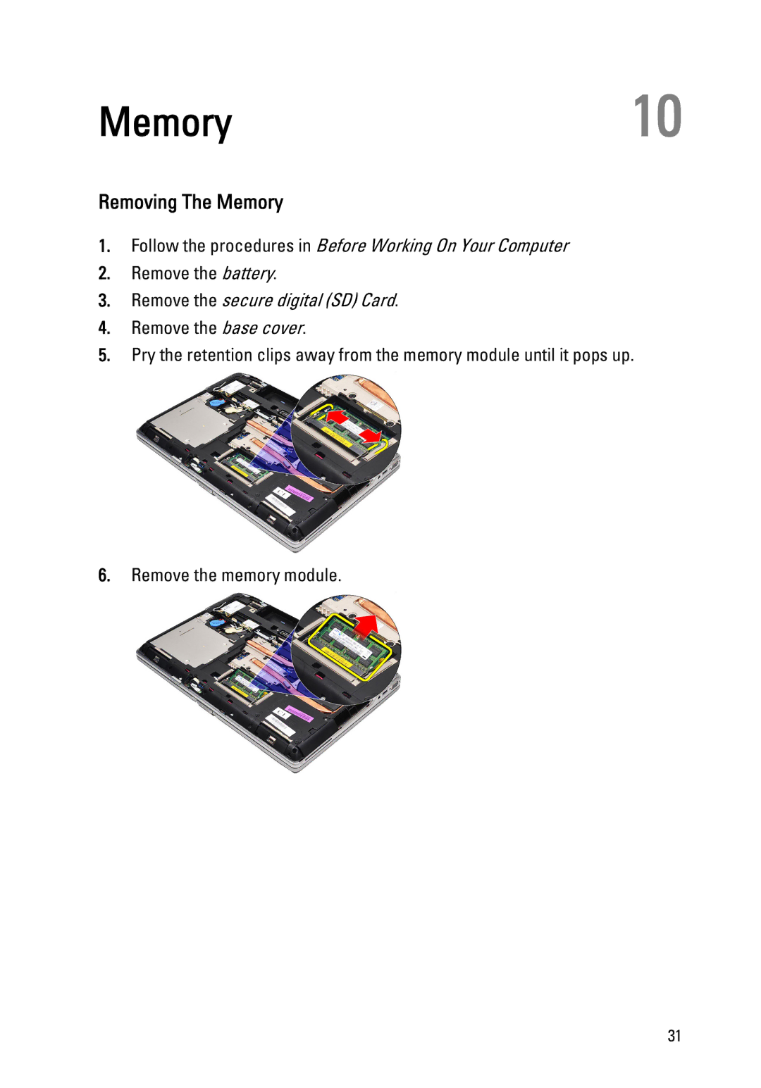 Dell E6520 owner manual Memory10, Removing The Memory 