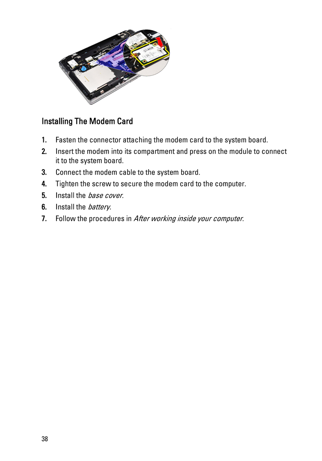 Dell E6520 owner manual Installing The Modem Card 