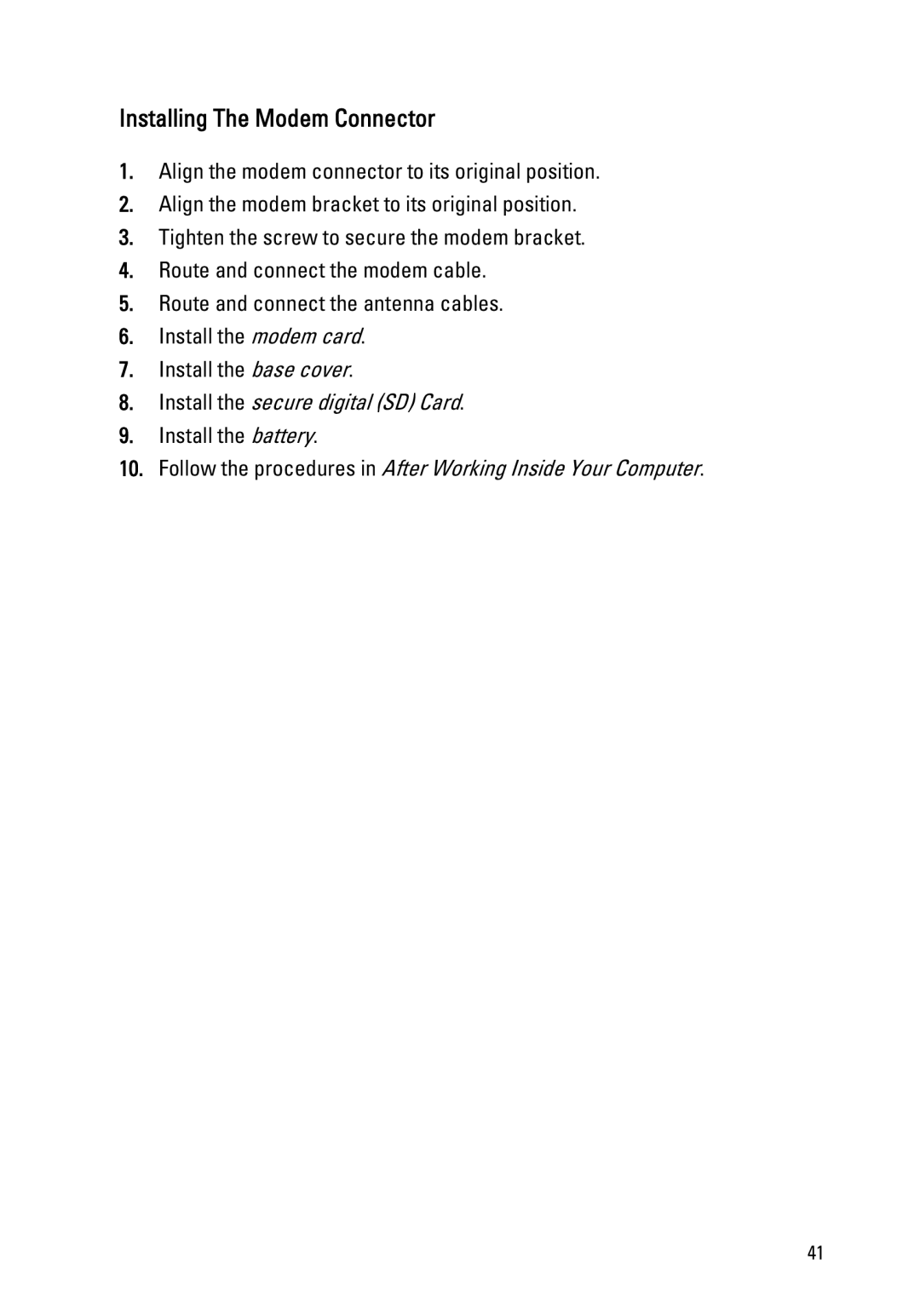 Dell E6520 owner manual Installing The Modem Connector 