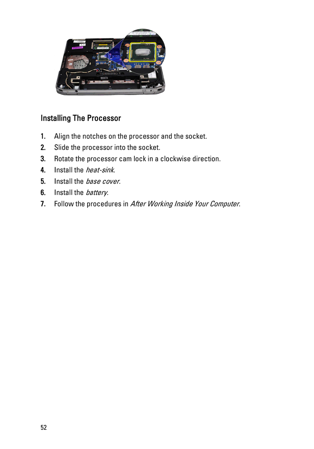 Dell E6520 owner manual Installing The Processor 