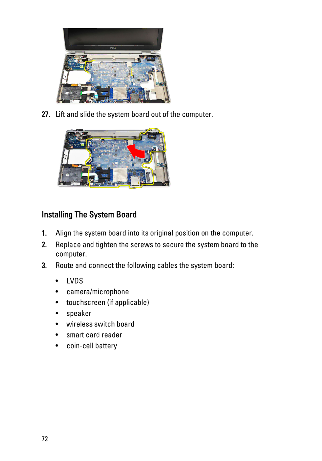 Dell E6520 owner manual Installing The System Board 