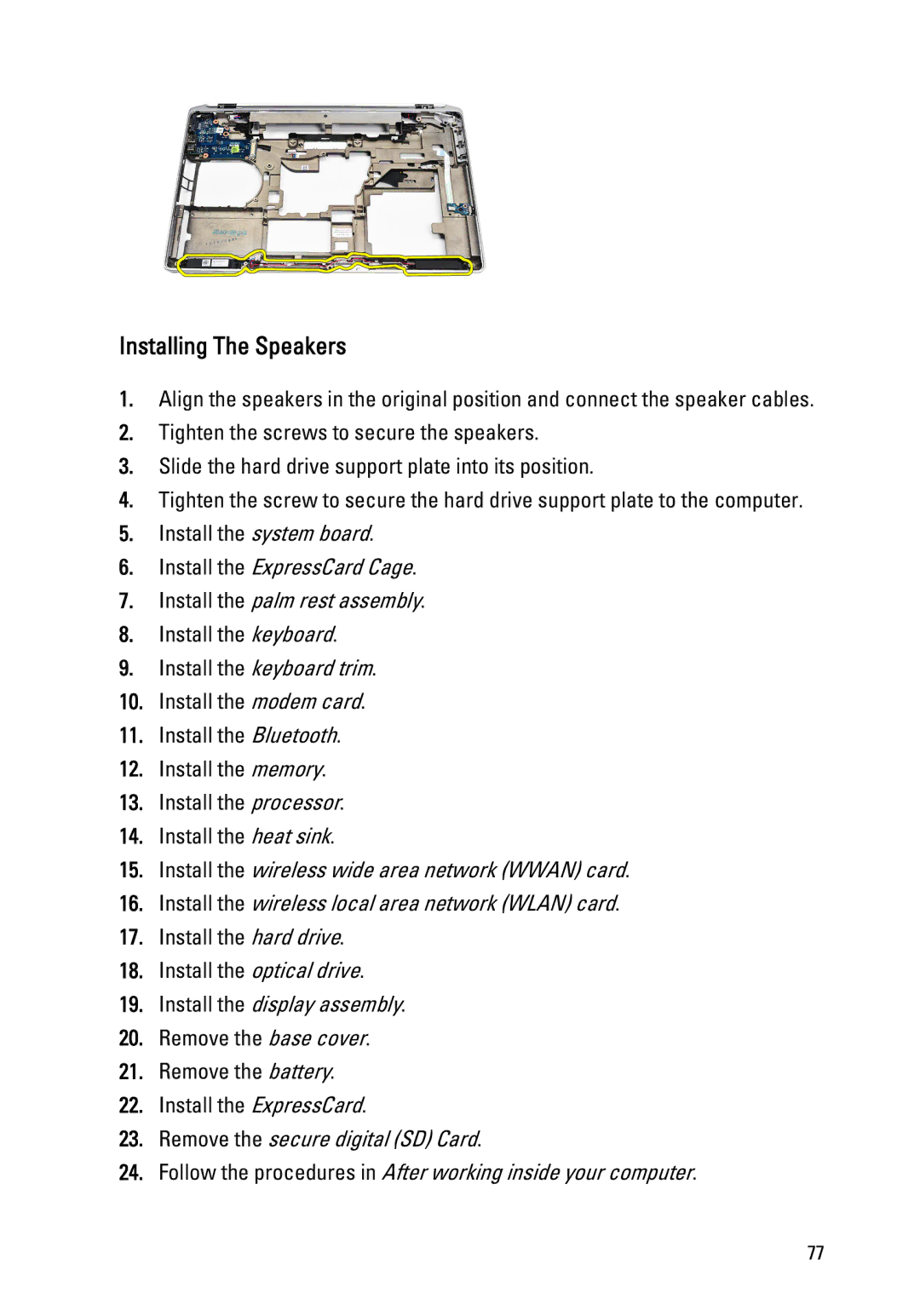 Dell E6520 owner manual Installing The Speakers 