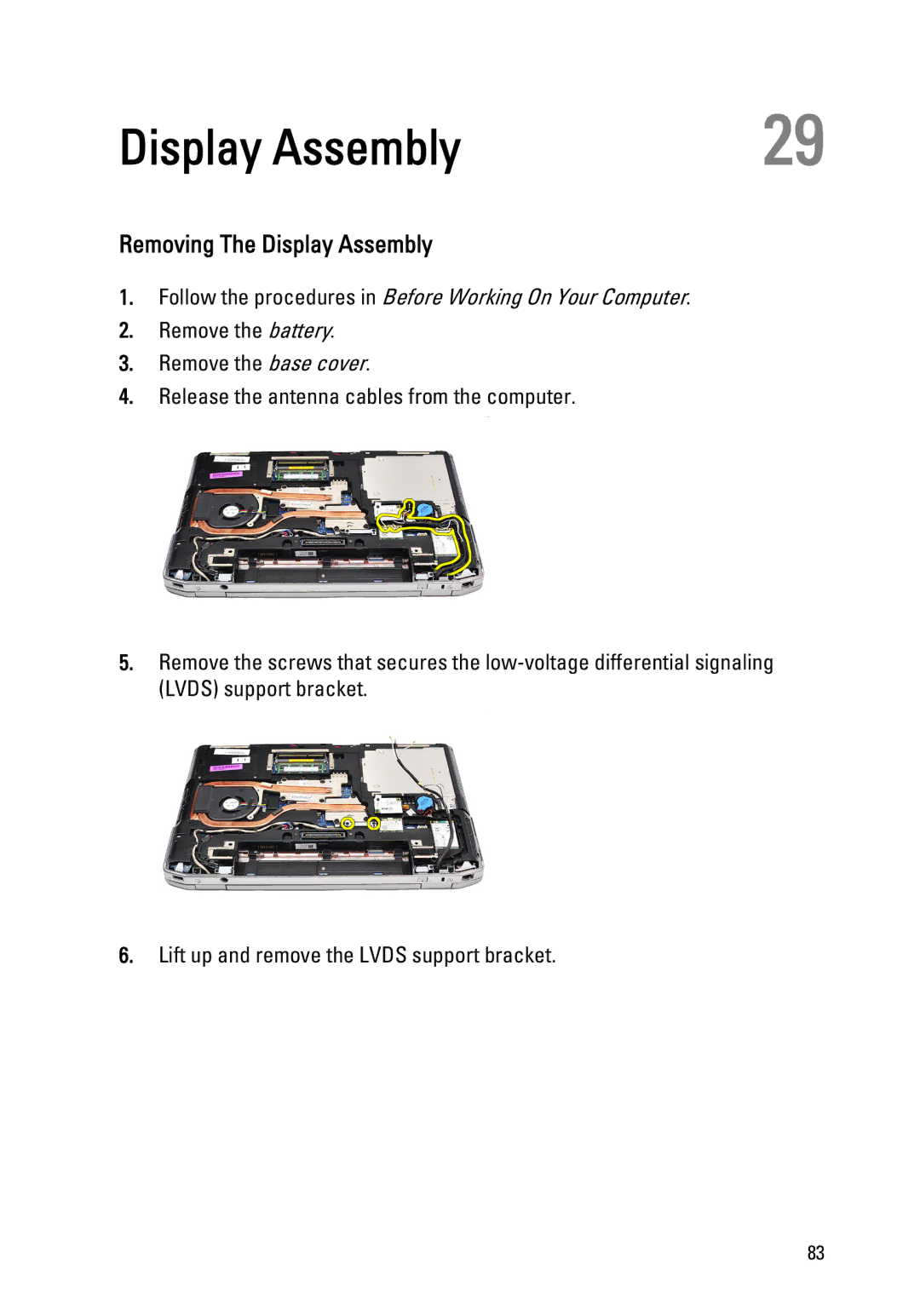 Dell E6520 owner manual Removing The Display Assembly 