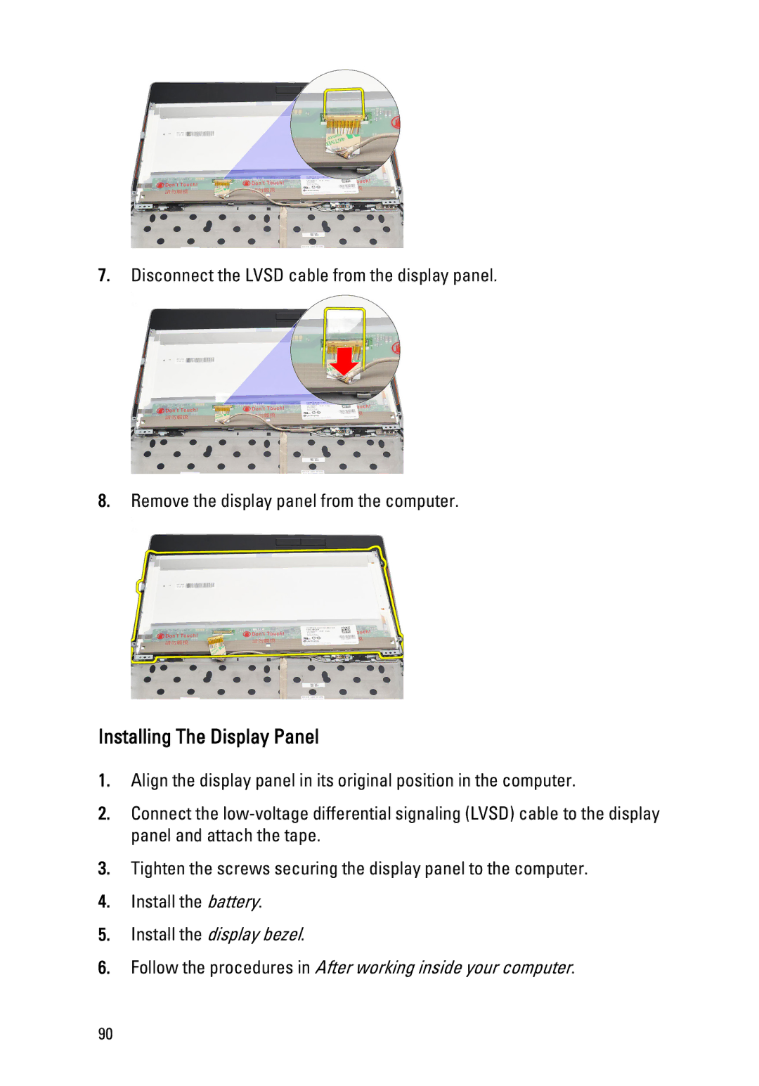 Dell E6520 owner manual Installing The Display Panel 