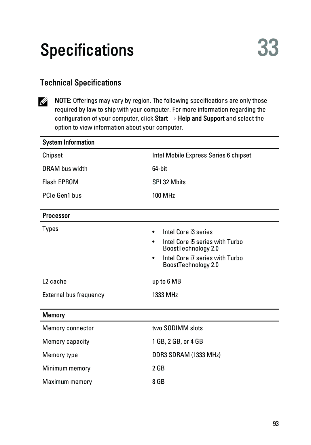 Dell E6520 owner manual Specifications33, Technical Specifications, System Information, Processor, Memory 