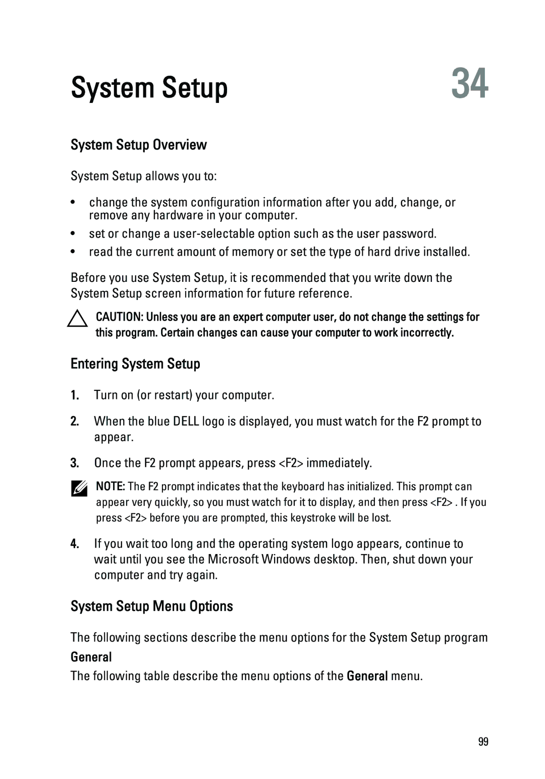 Dell E6520 owner manual System Setup Overview, Entering System Setup, System Setup Menu Options, General 