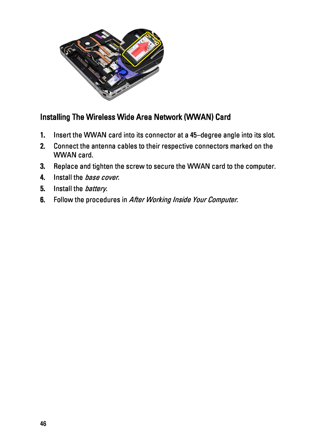 Dell E6520 owner manual Installing The Wireless Wide Area Network WWAN Card 