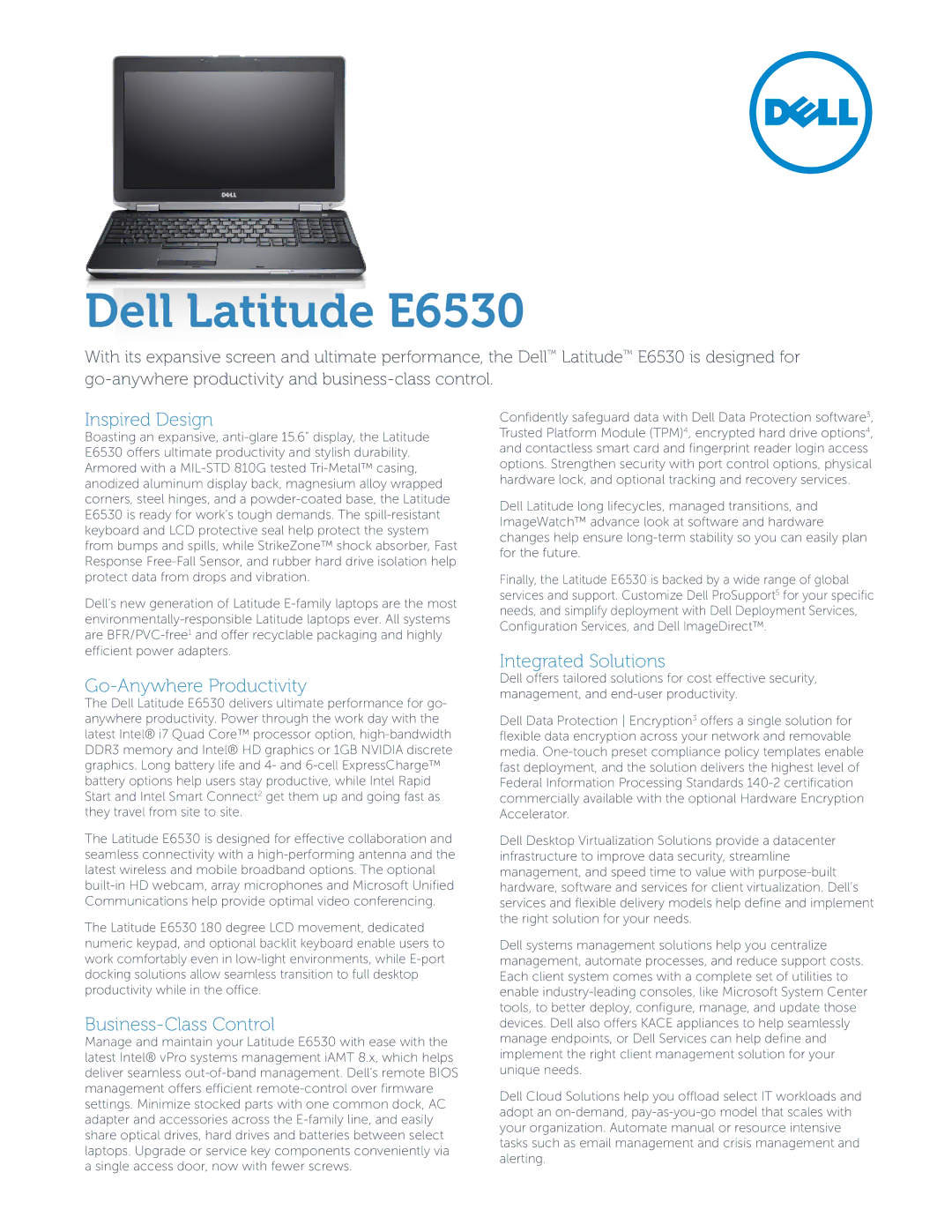 Dell E6530 manual Inspired Design, Go-Anywhere Productivity, Business-Class Control, Integrated Solutions 