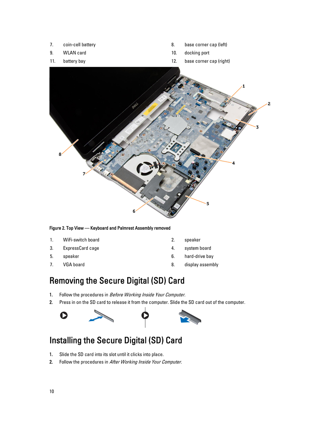 Dell E6540 owner manual Removing the Secure Digital SD Card, Installing the Secure Digital SD Card 