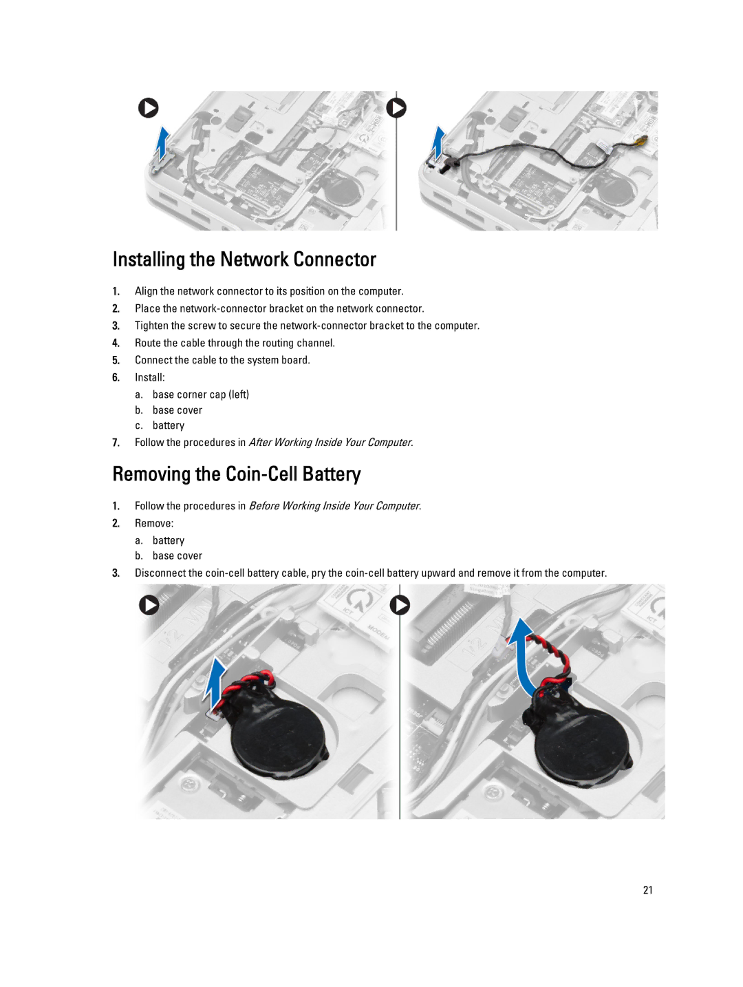 Dell E6540 owner manual Installing the Network Connector, Removing the Coin-Cell Battery 