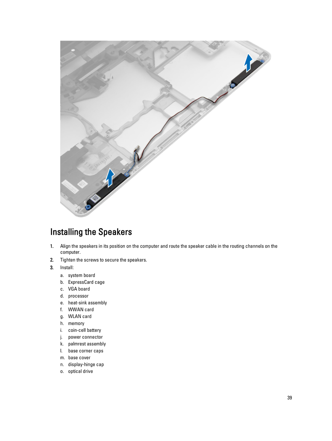 Dell E6540 owner manual Installing the Speakers 