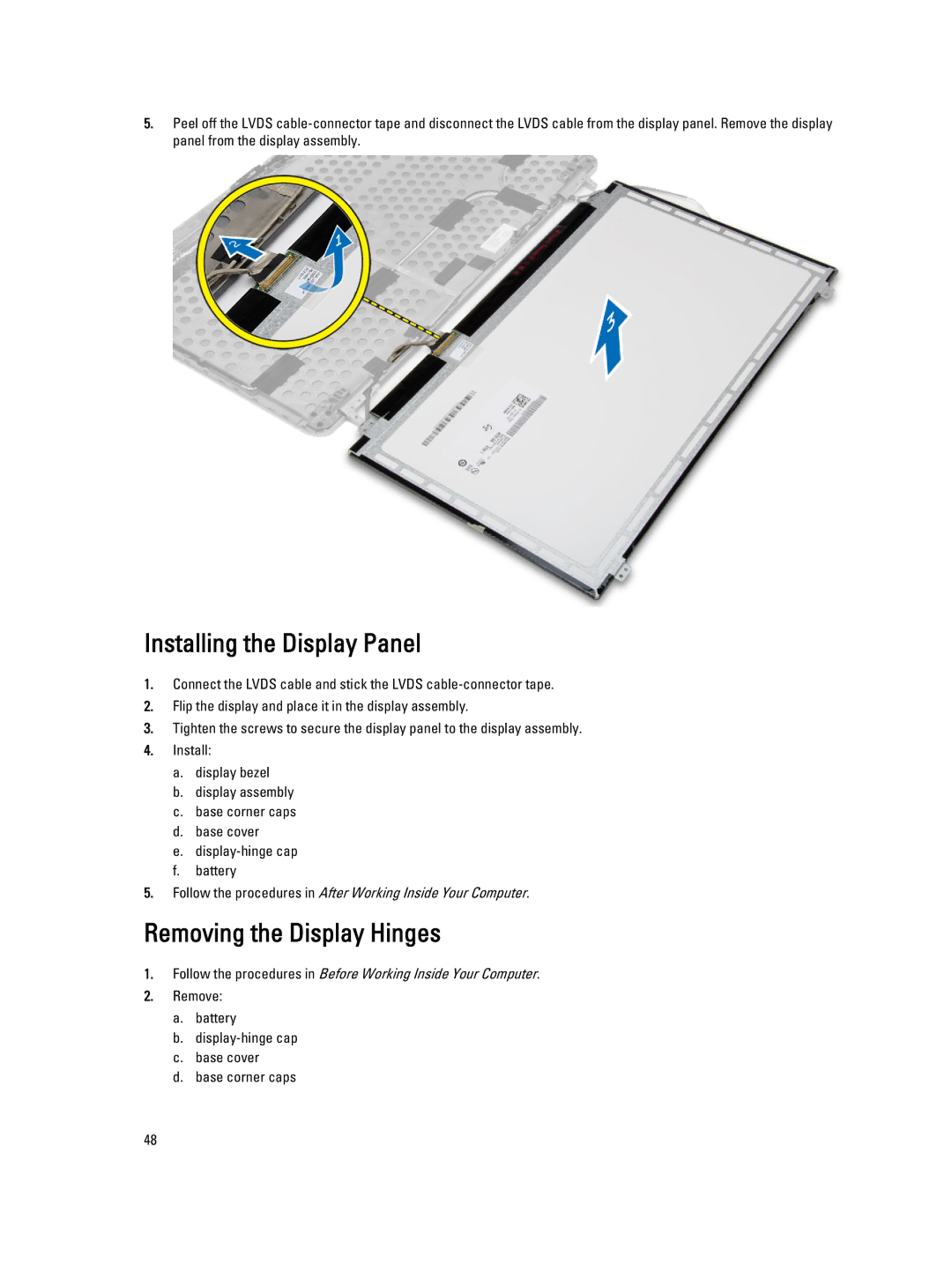 Dell E6540 owner manual Installing the Display Panel, Removing the Display Hinges 