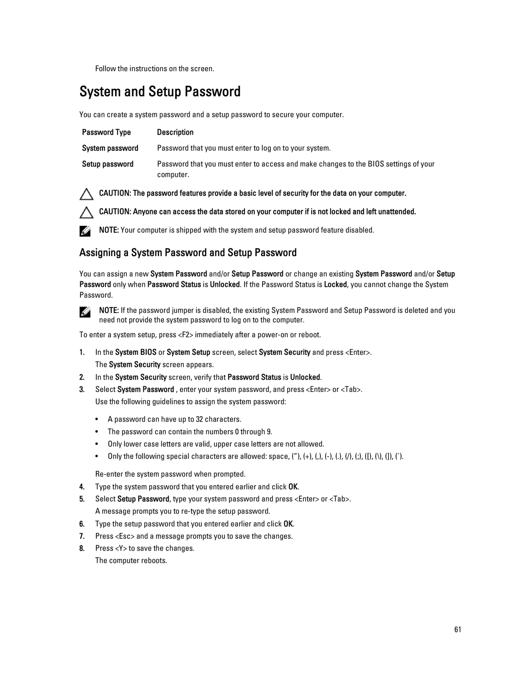 Dell E6540 owner manual System and Setup Password, Computer 