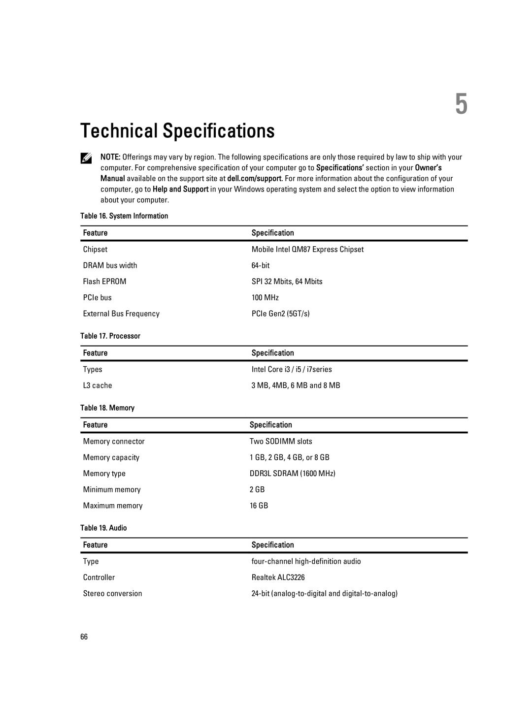 Dell E6540 owner manual Technical Specifications, Feature Specification 