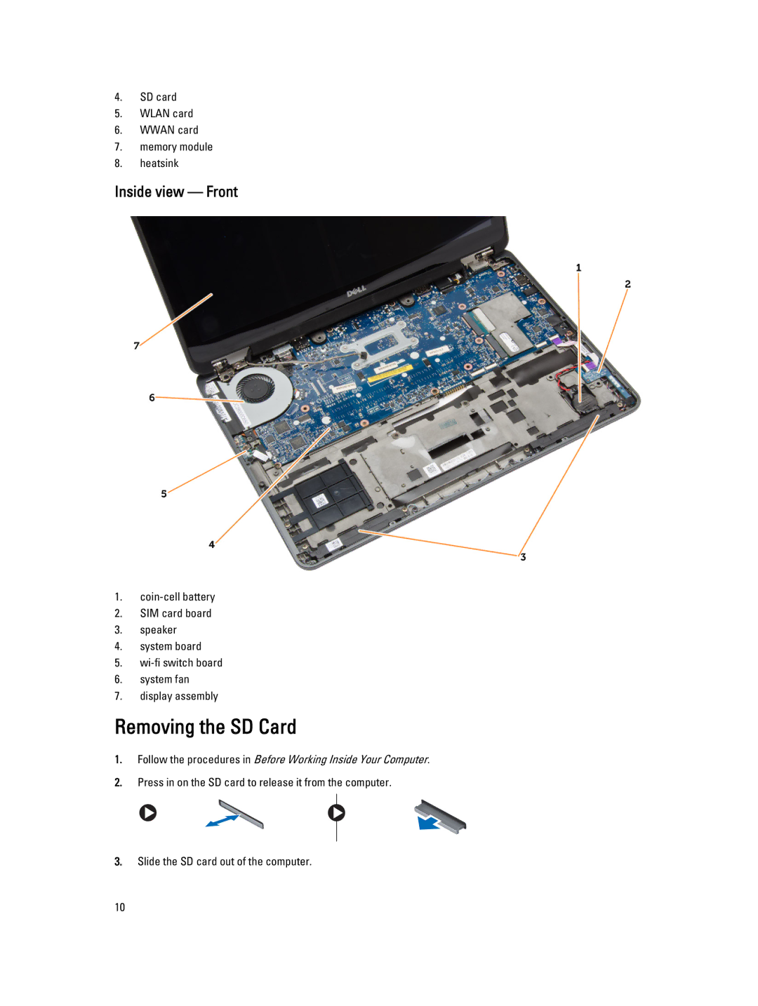 Dell E7240 owner manual Removing the SD Card, Inside view Front 