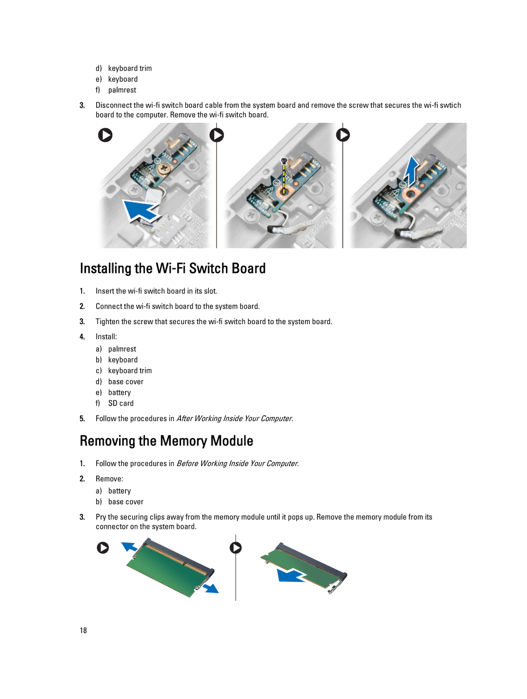 Dell E7240 owner manual Installing the Wi‐Fi Switch Board, Removing the Memory Module 