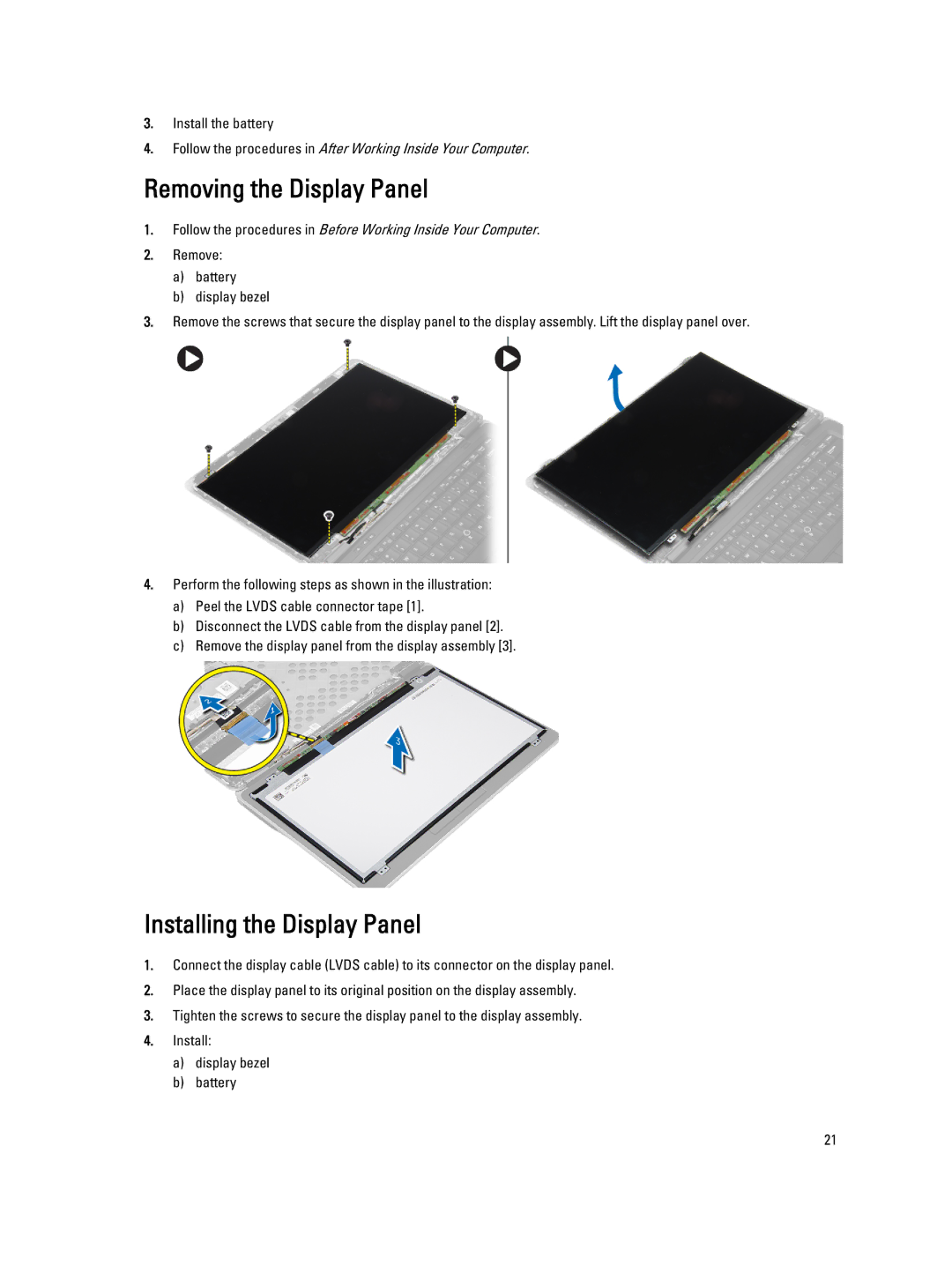 Dell E7240 owner manual Removing the Display Panel, Installing the Display Panel 