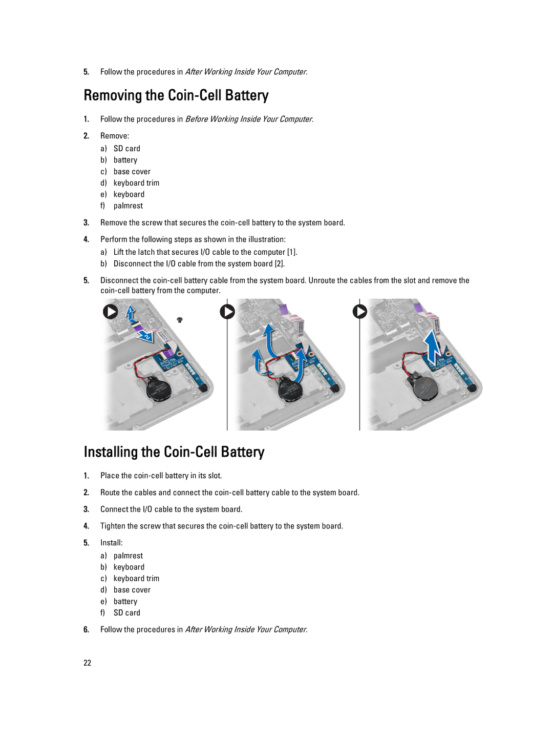 Dell E7240 owner manual Removing the Coin-Cell Battery, Installing the Coin-Cell Battery 