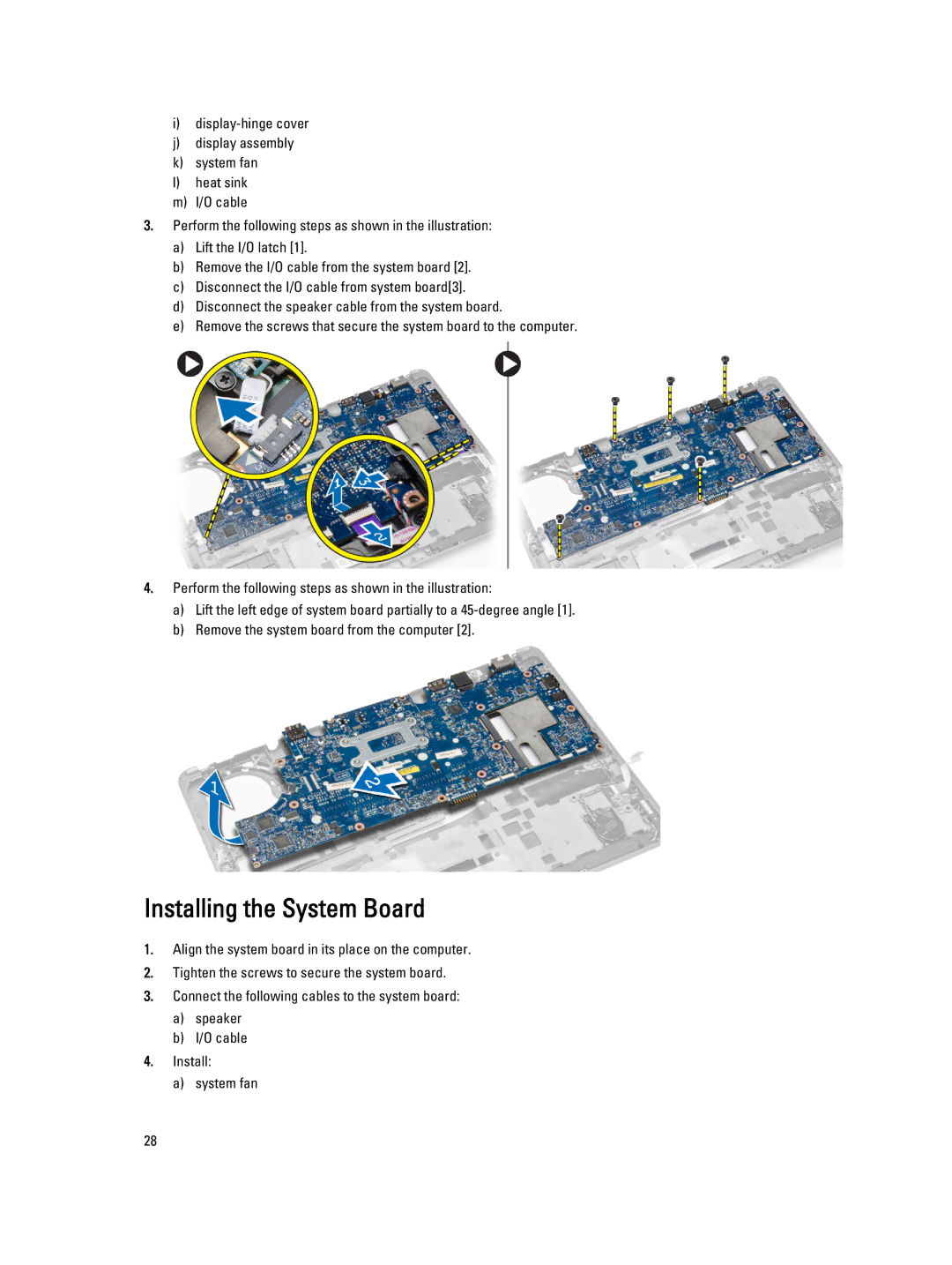 Dell E7240 owner manual Installing the System Board 