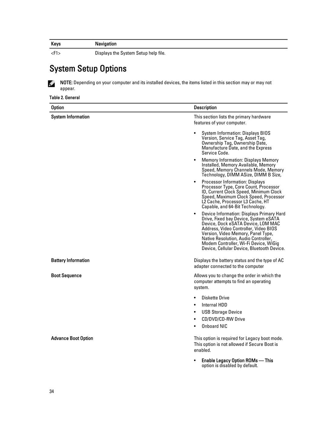 Dell E7240 owner manual System Setup Options 