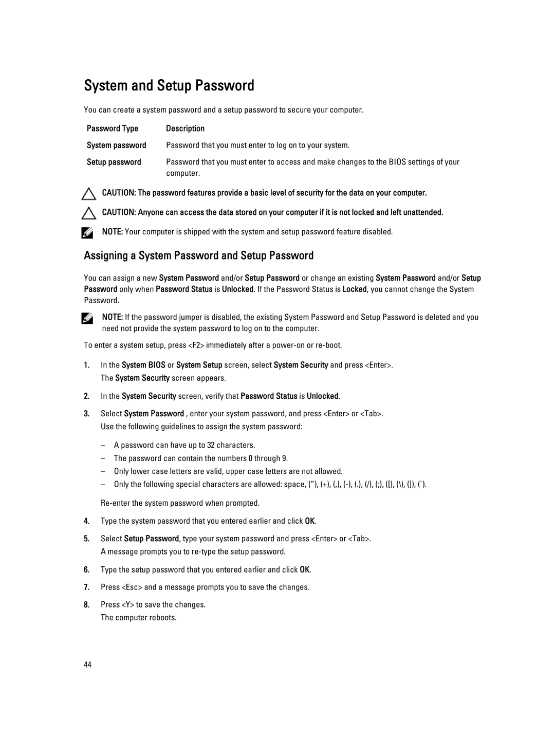 Dell E7240 owner manual System and Setup Password, Computer 