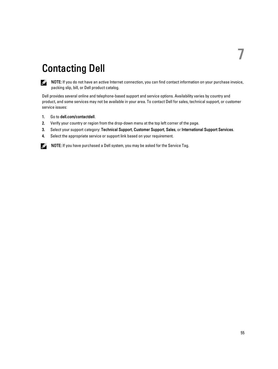 Dell E7240 owner manual Contacting Dell 