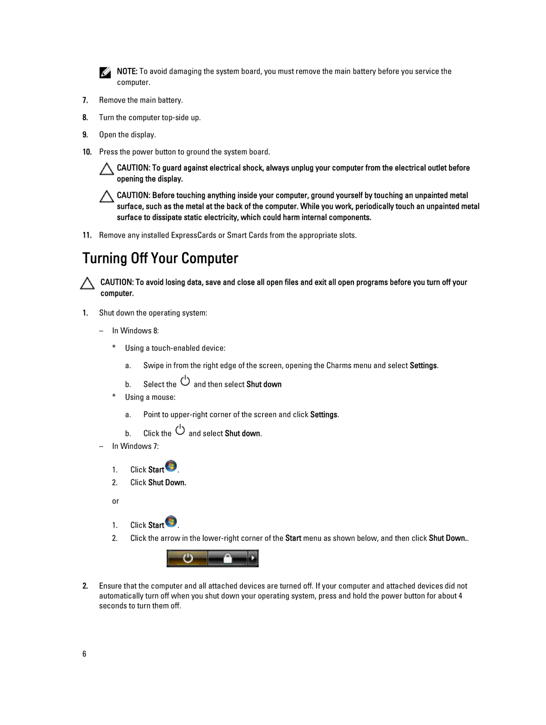 Dell E7240 owner manual Turning Off Your Computer, Click Shut Down 