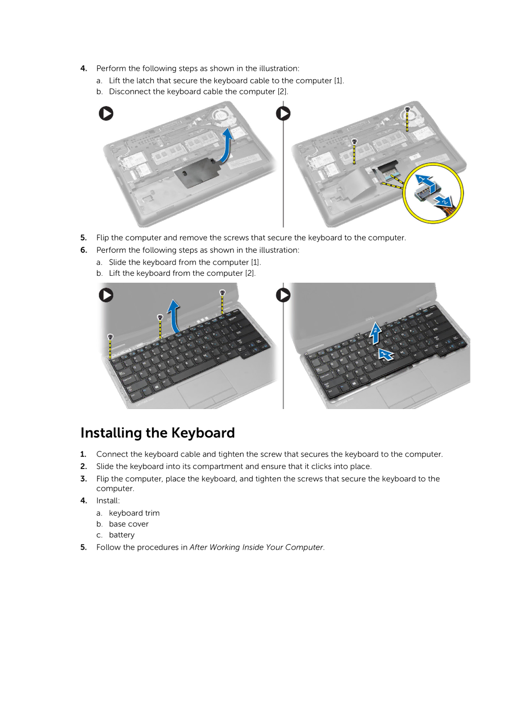 Dell E7240 owner manual Installing the Keyboard 