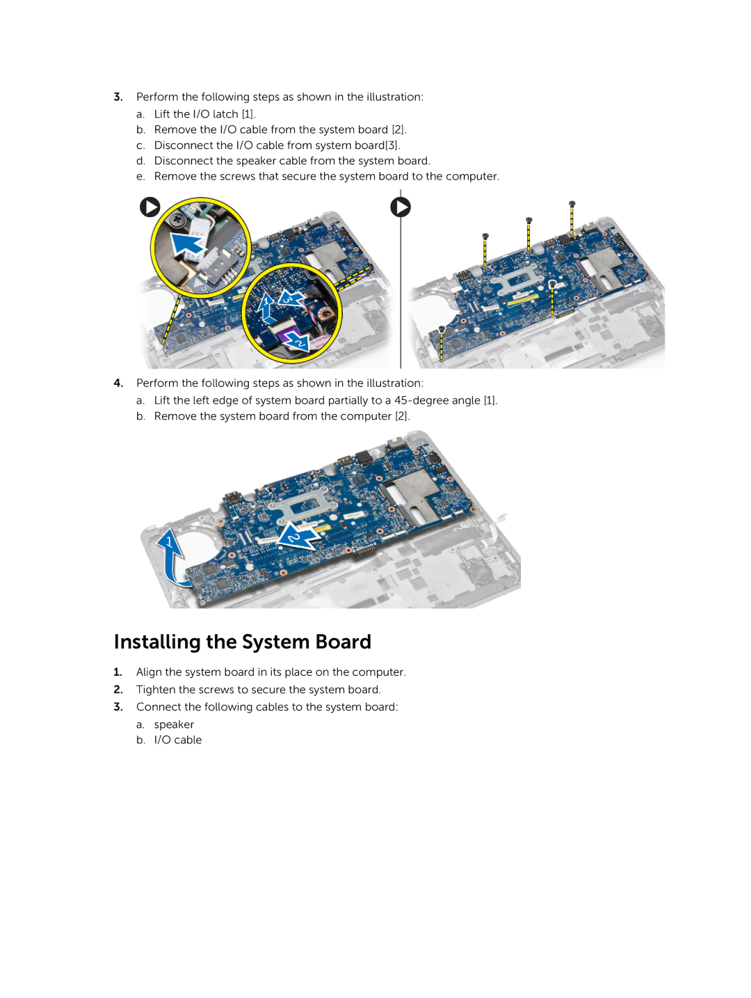 Dell E7240 owner manual Installing the System Board 