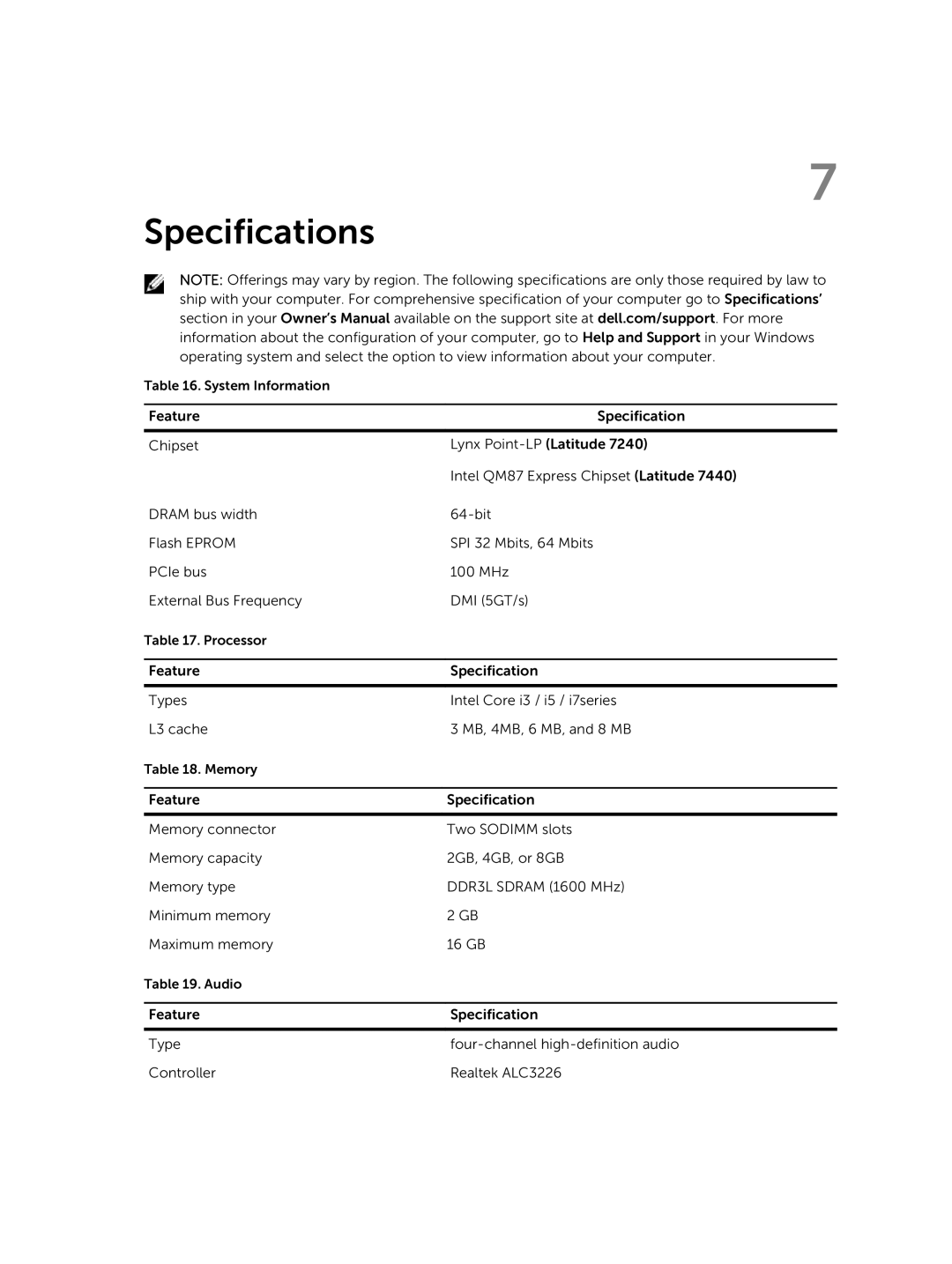 Dell E7240 owner manual Specifications 