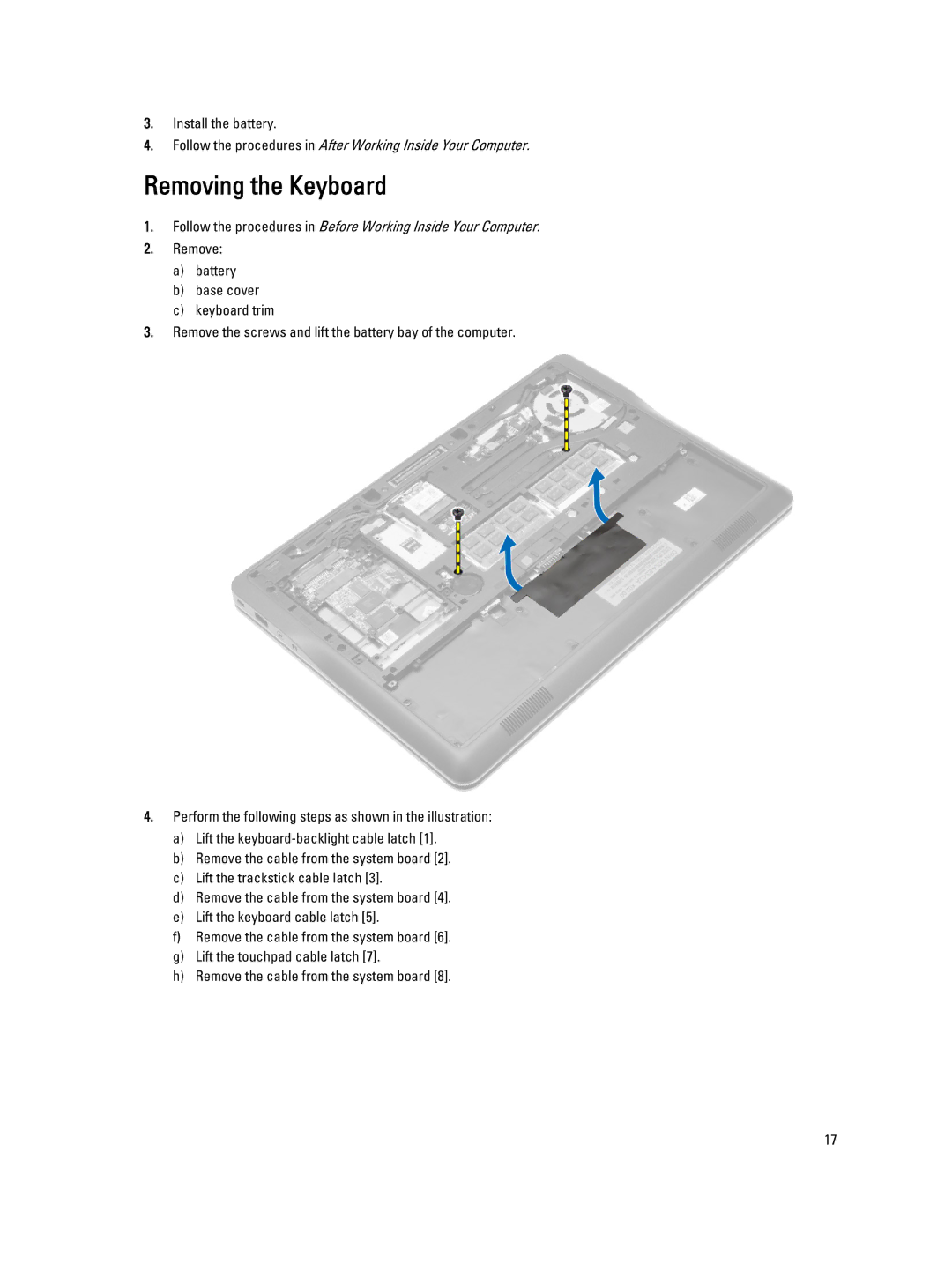 Dell E7440 owner manual Removing the Keyboard 