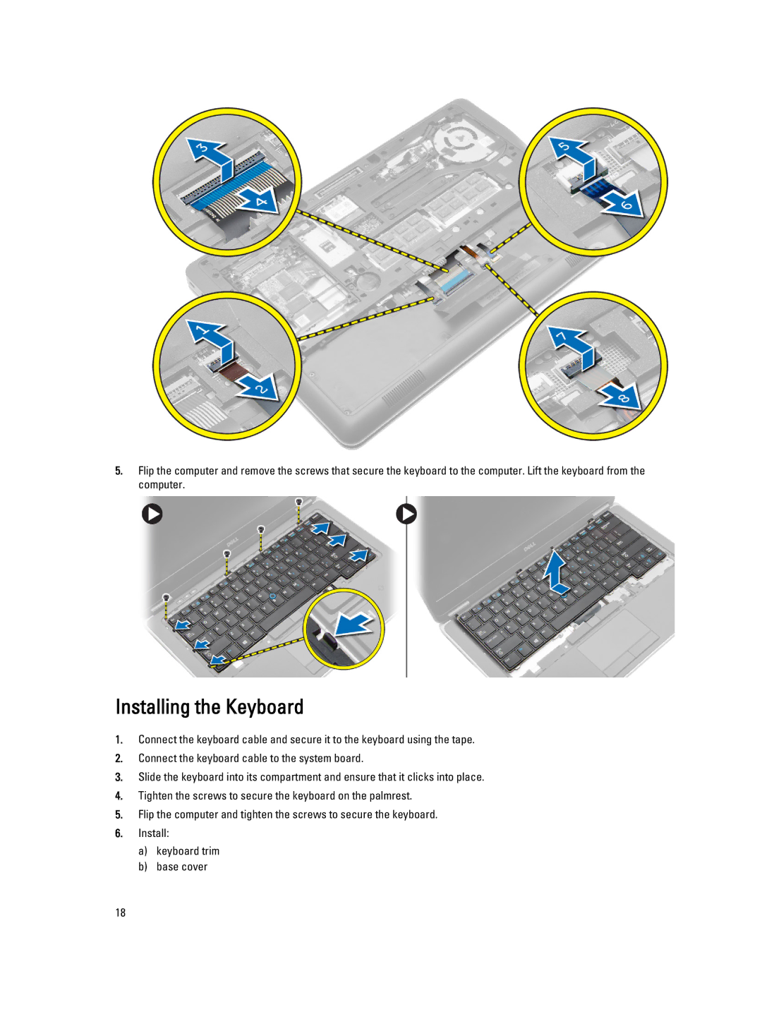 Dell E7440 owner manual Installing the Keyboard 