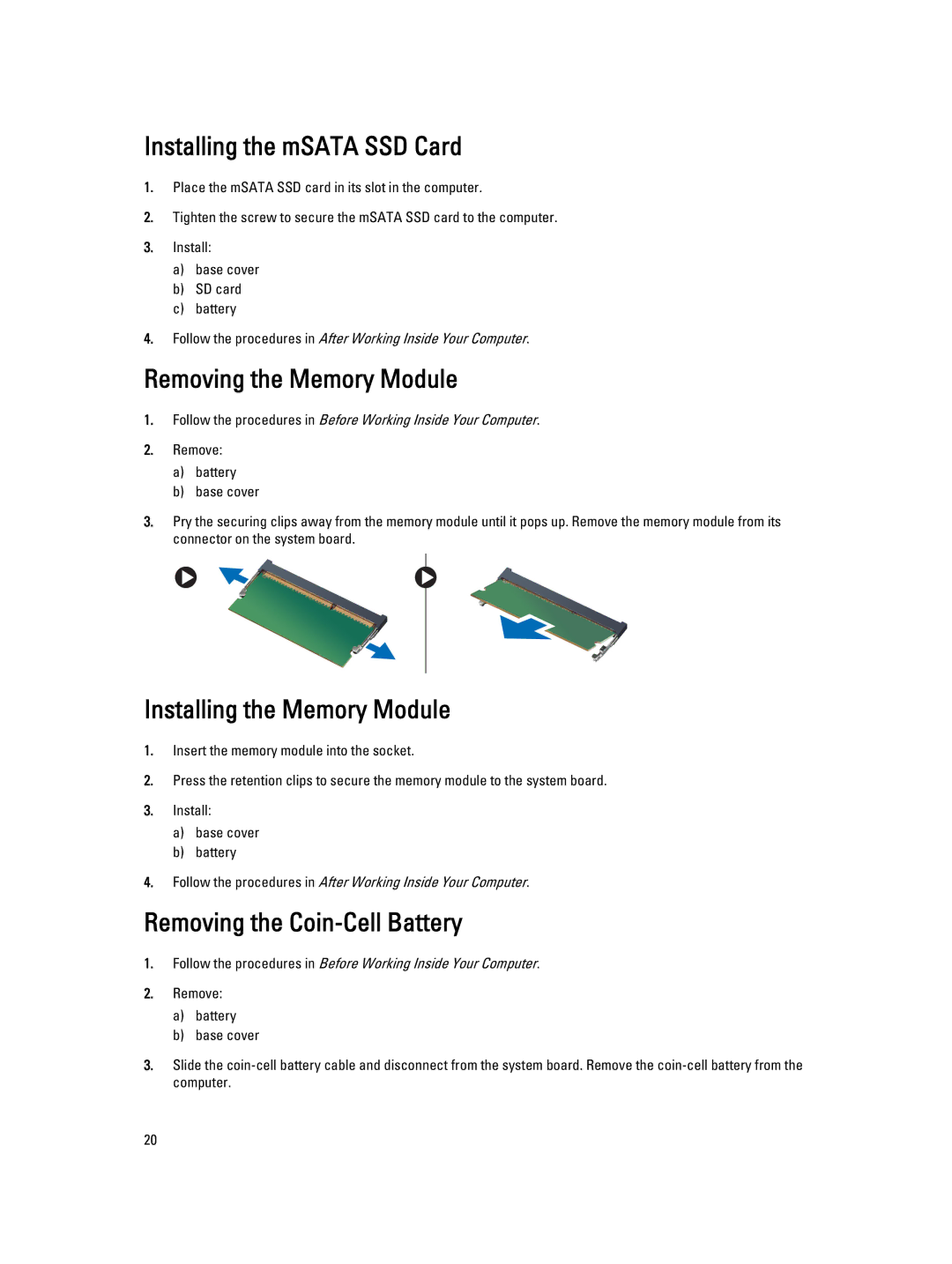 Dell E7440 owner manual Installing the mSATA SSD Card, Removing the Memory Module, Installing the Memory Module 