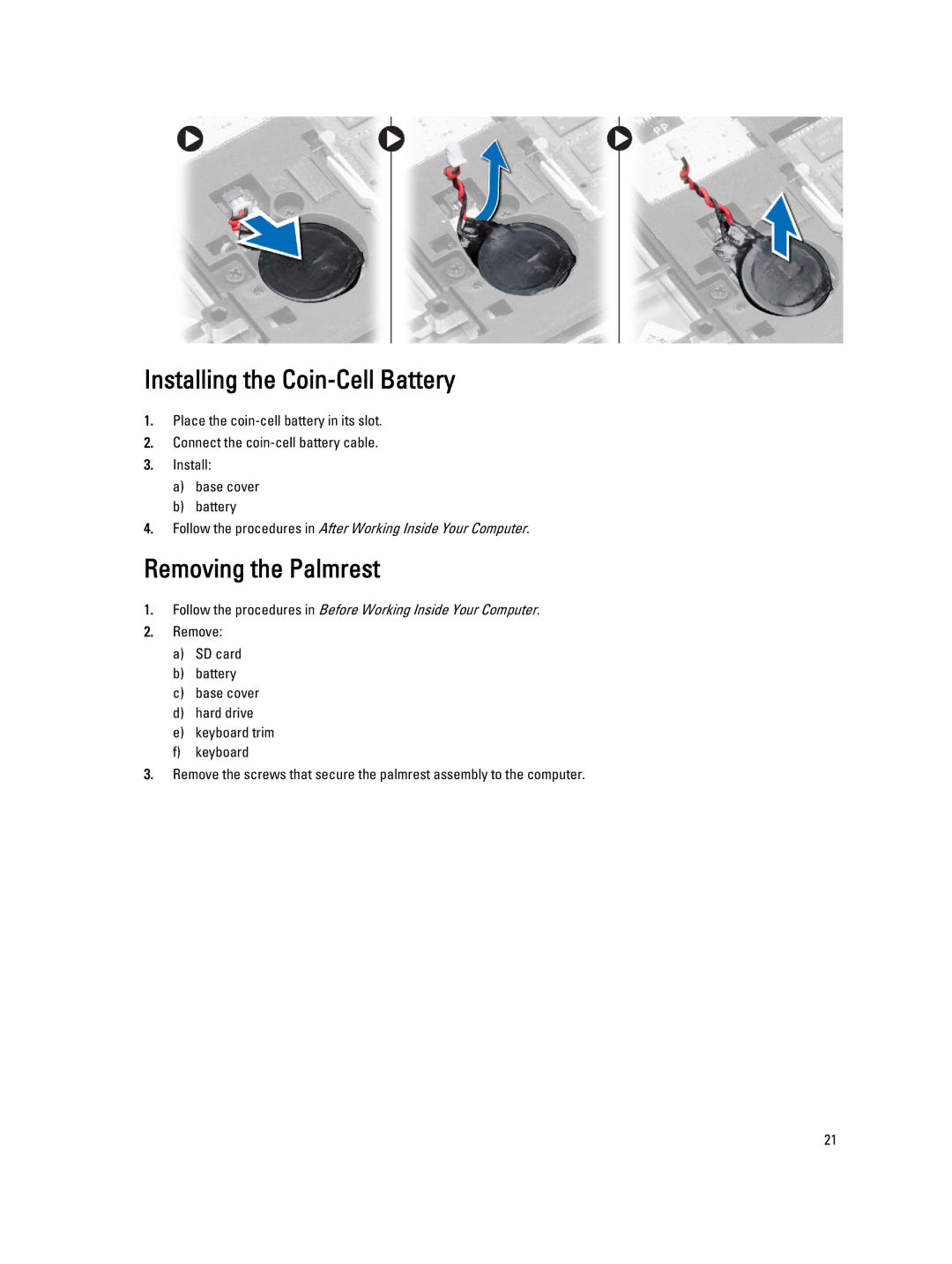 Dell E7440 owner manual Installing the Coin-Cell Battery, Removing the Palmrest 