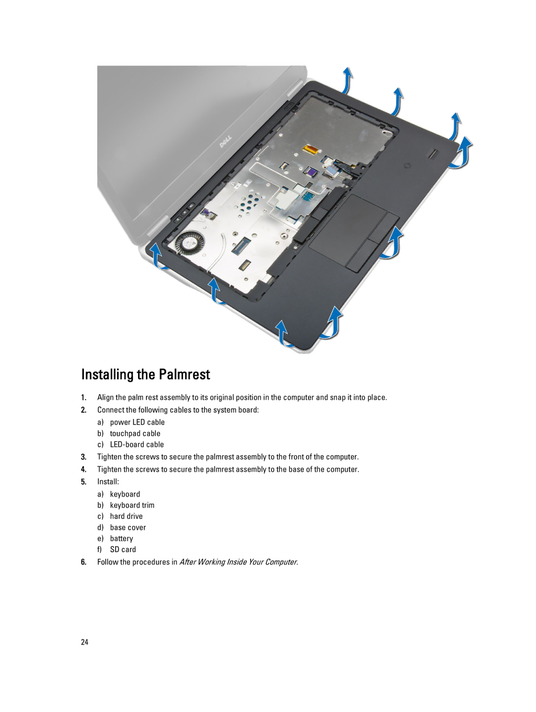 Dell E7440 owner manual Installing the Palmrest 