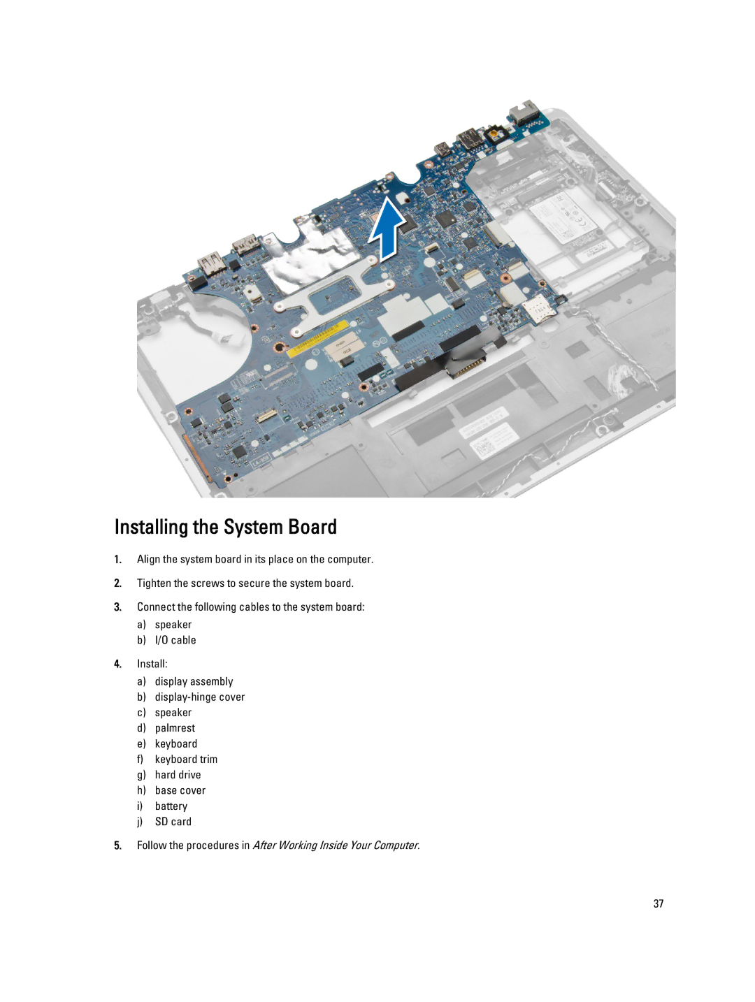 Dell E7440 owner manual Installing the System Board 