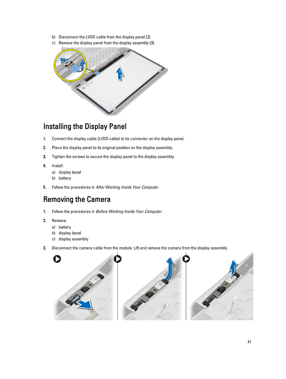 Dell E7440 owner manual Installing the Display Panel, Removing the Camera 