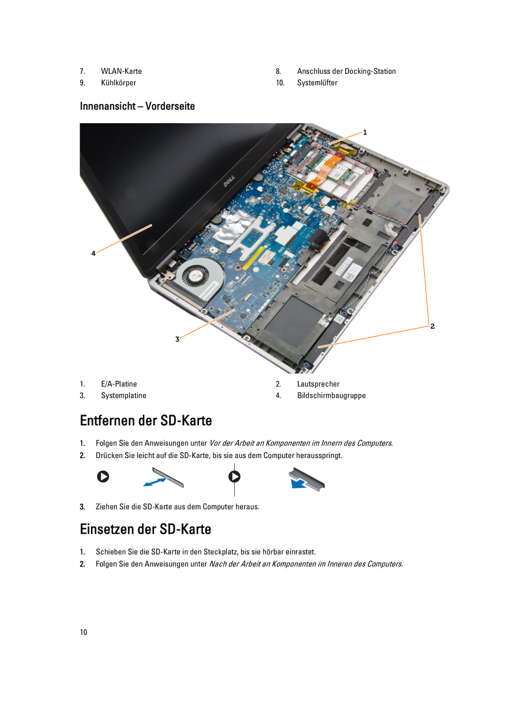 Dell E7440 manual Entfernen der SD-Karte, Einsetzen der SD-Karte 