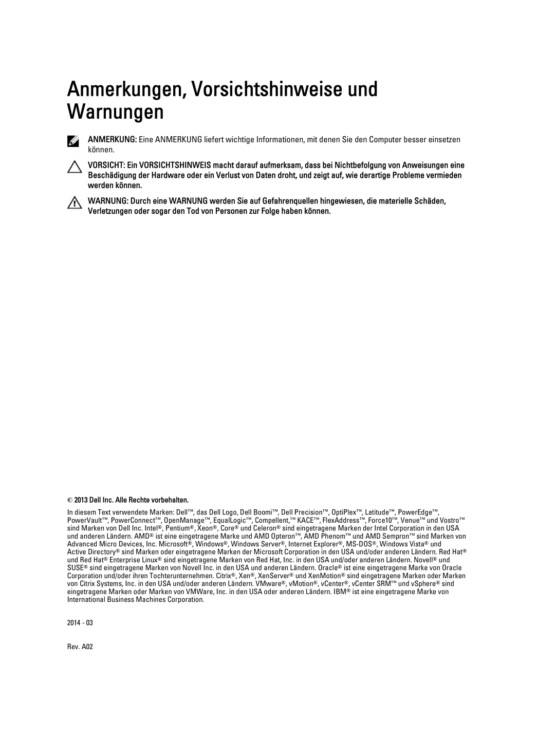 Dell E7440 manual Anmerkungen, Vorsichtshinweise und Warnungen 